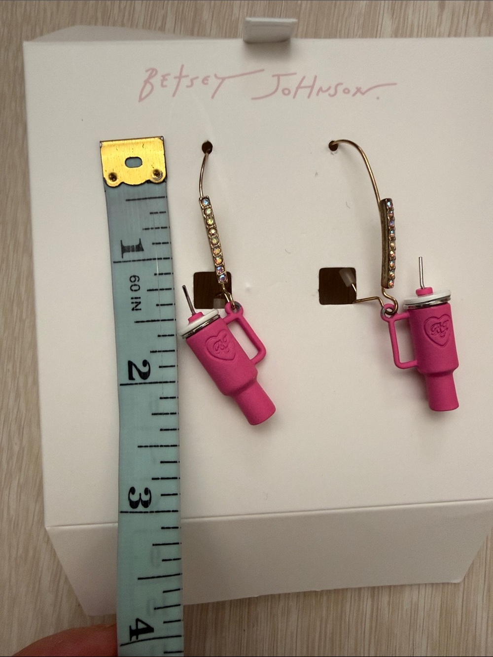 Betsey Johnson Pink & Gold Novelty Travel Mug Drop Earrings - Picture 5 of 10